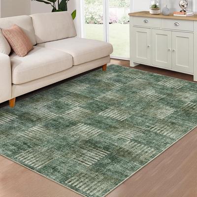 YUN Area Rug Washable Modern Checkered Rug, Non Slip Low Pile Soft Faux Wool Carpet, Stain Resistant Rug for Bedroom
