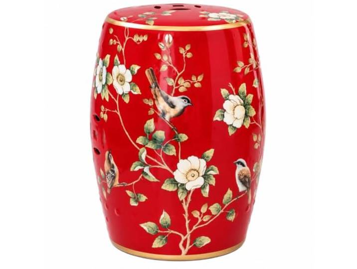 Keramik-Gartenhocker im Chinoiserie-Stil – Handbemalter Beistelltisch Terrassenhocker, Blumen-Vogel-Motiv, Goldfarbene Details, 28x45 cm, für drinnen & draußen(Rot)