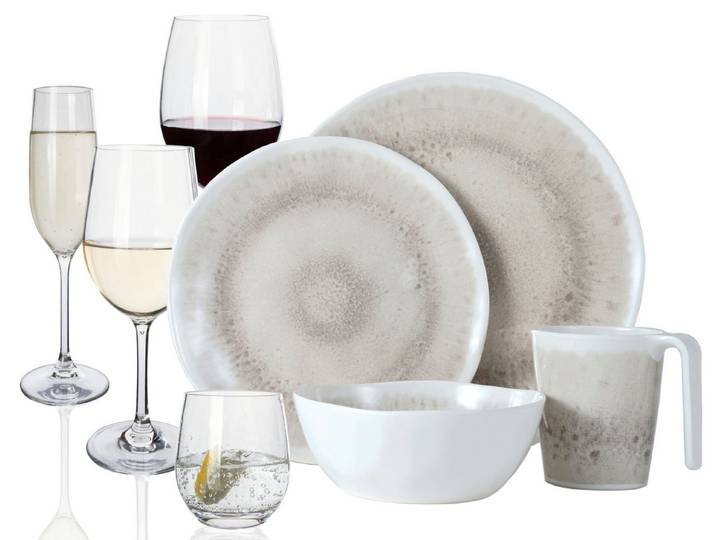 Moritz Geschirr-Set Camping Geschirr Set 4 Personen Amboss 16 Teilig + 16 Tiamo Gläser