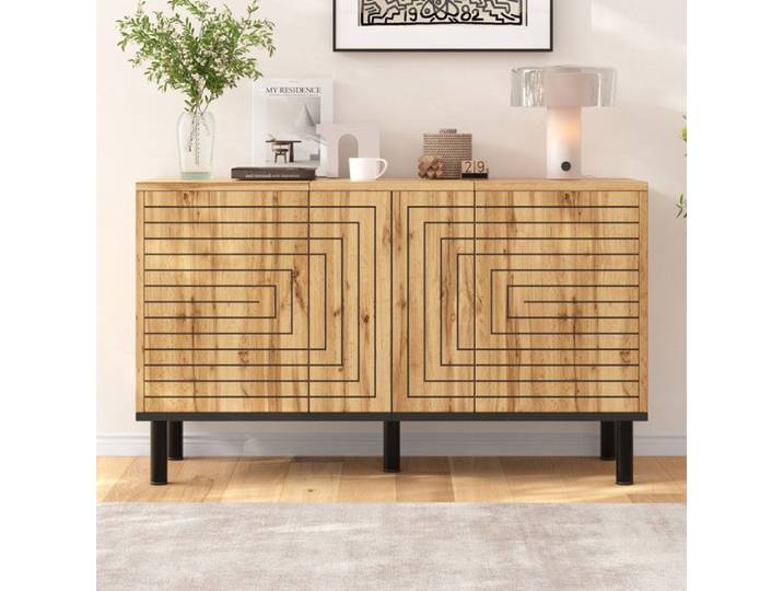 Comfyu - Buffet à motif ondulé 3 portes avec compartiments de rangement - convient pour la salle à manger le salon - bois