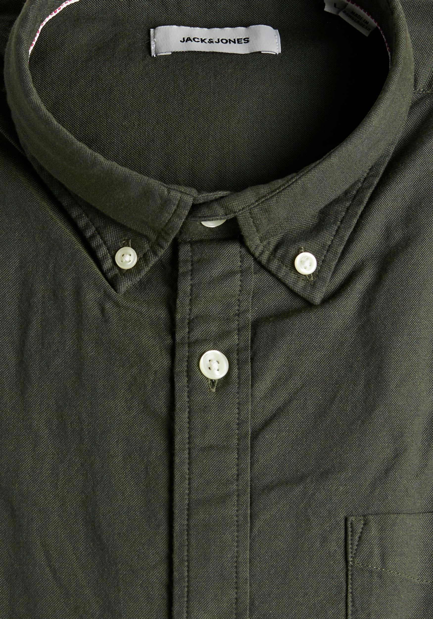Langarmhemd "JJEOXFORD SHIRT L/S S21 NOOS PLS", Herren, Gr. 3XL, N-Gr, grün (forest night), Web, Obermaterial: 100% Baumwolle, JACK & JONES PLUSSIZE, unifarben, slim fit normal, ohne Ausschnitt, Manschette, Hemden Langarmhemd, mit Brusttasche forest night
