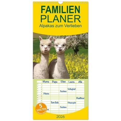 Familienplaner 2026 - Alpakas zum Verlieben mit 5 Spalten (Wandkalender, 21 x 45 cm) CALVENDO