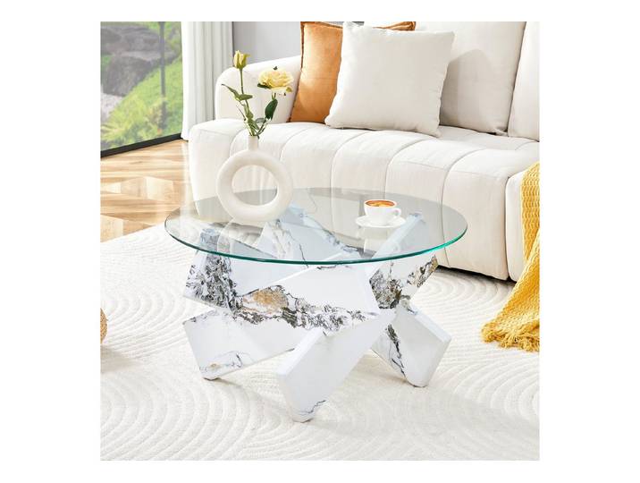 Celya Couchtisch Runder aus MDF und Glas, Multi-Farbe optional (79cm Durchmesser, 0,8cm dicke gehärtete Glasoberfläche)