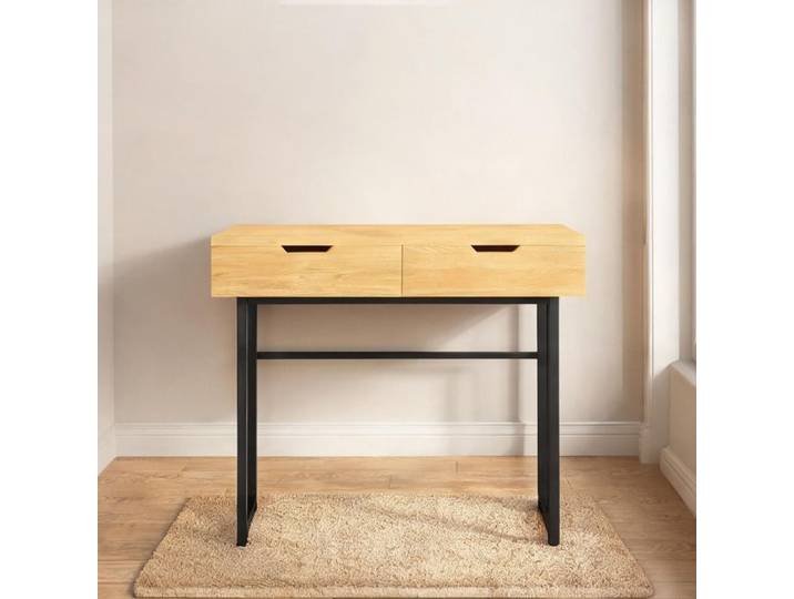 Console étroite 110 cm en panneau de particules bois naturel avec 2 tiroirs et cadre métal