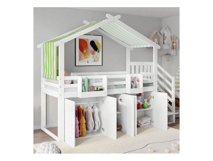 MODFU Kinderbett Stauraumbett mit Stauraum-Treppe, 3 Schränken (Hochbett mit Kleiderschrank & Fallschutzgitter, Einzelbett 90x200cm), ohne Matratze