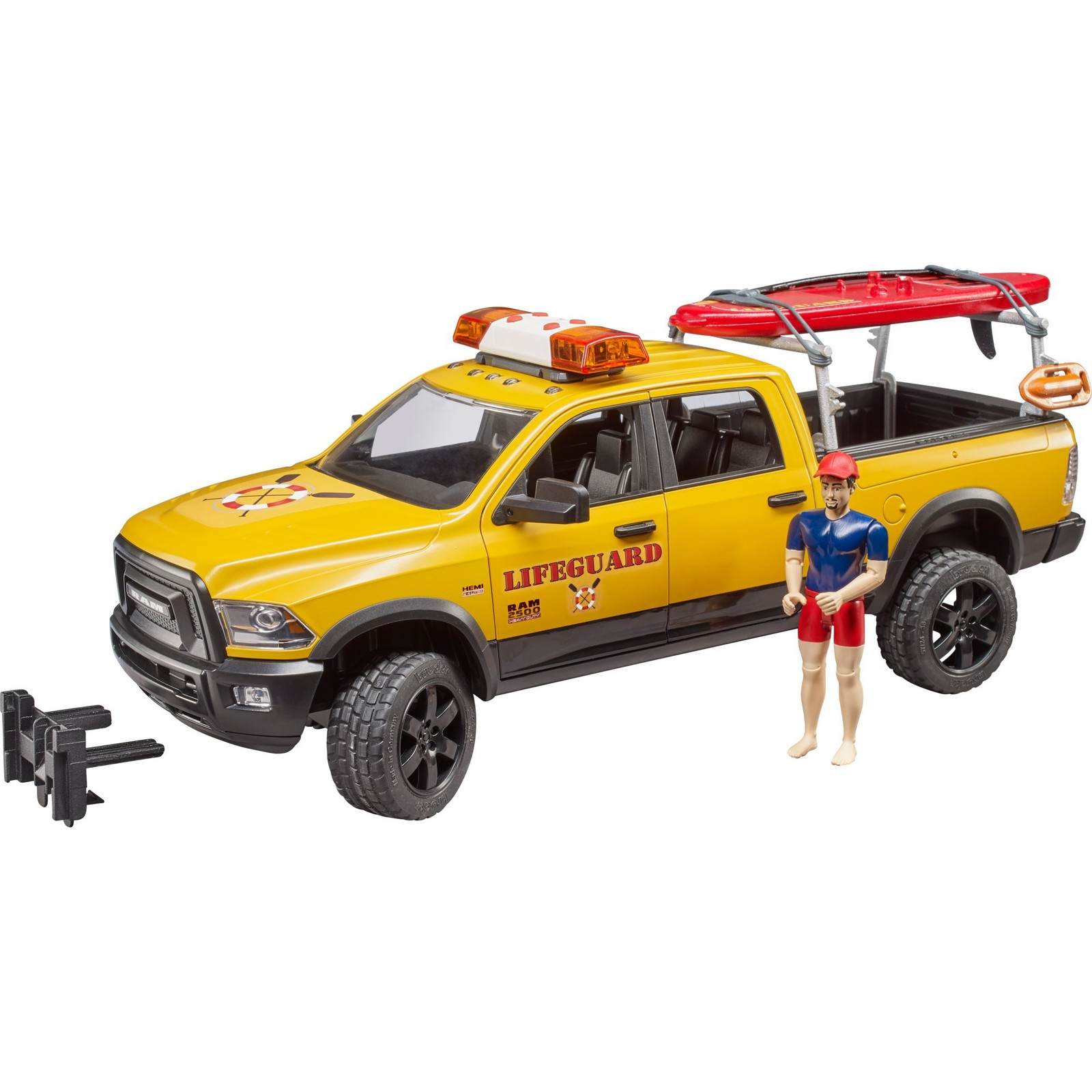 Bruder RAM 2500 Power Wagon Life Guard geel/zwart met figuur, stand-up paddle en licht- en geluidsmodule