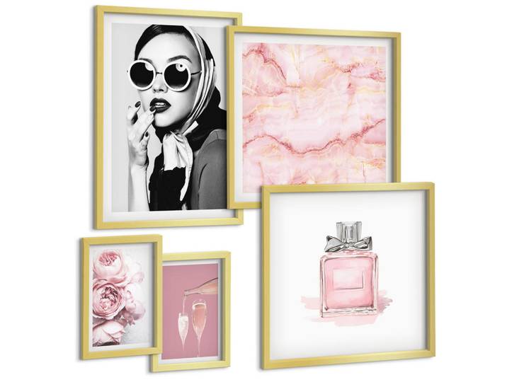 Tulup Bilder SET 5er Set - 50x50 cm & 20x30 cm & 40x60 cm Goldrahmen - Stilvolle pinkfarbene Accessoires, Goldfarben, Kunststoff, Rechteckig, 40x60 cm, Fotografie, Bilder & Rahmen, Bilder