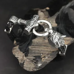 Drachensilber Wolf Thorshammer Armband Leder mit Edelstahl Klick Verschluss 25cm - Silber
