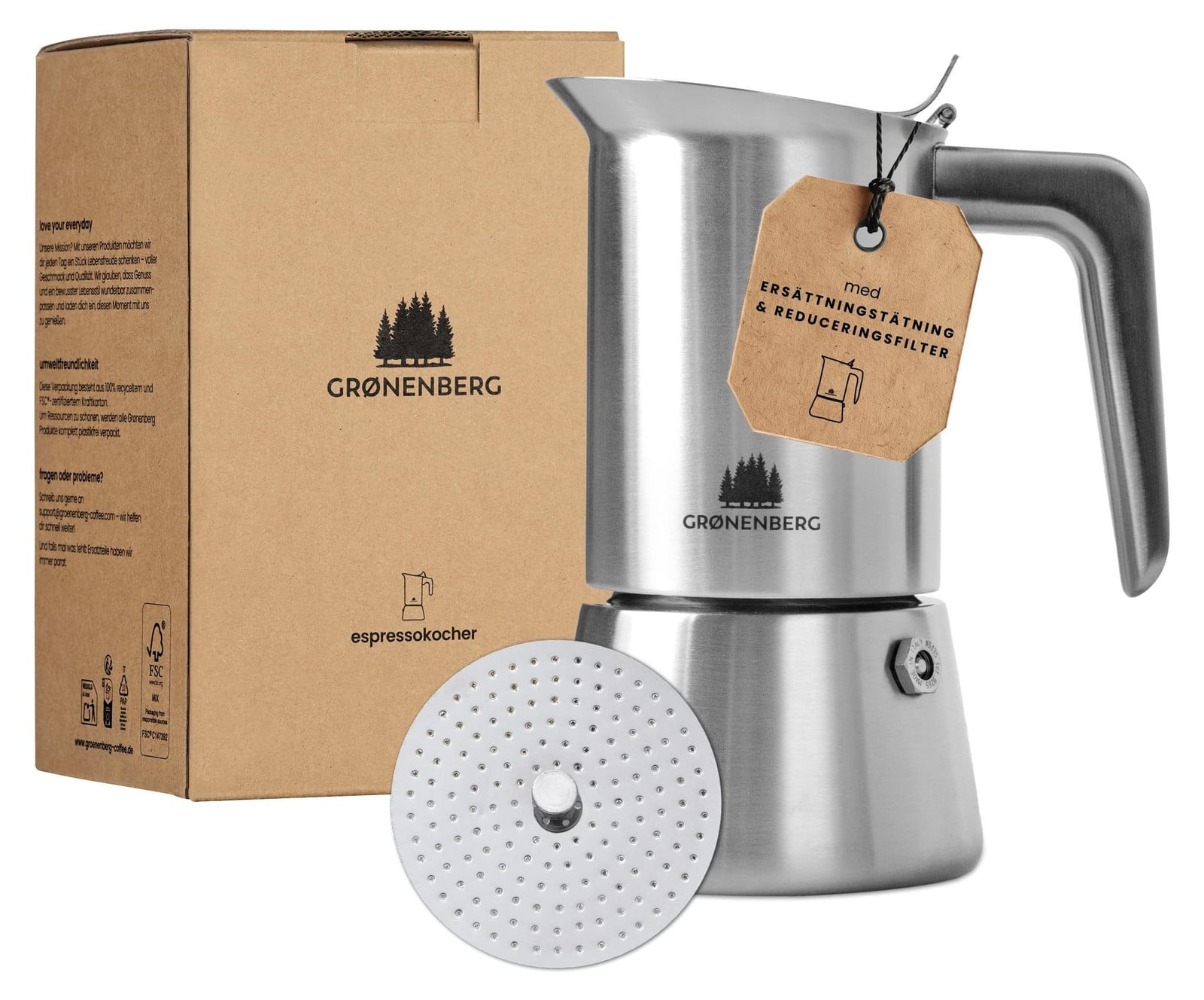 Dripio Espressokoker voor 4 kopjes (200 ml), roestvrij staal, met reductiefilter