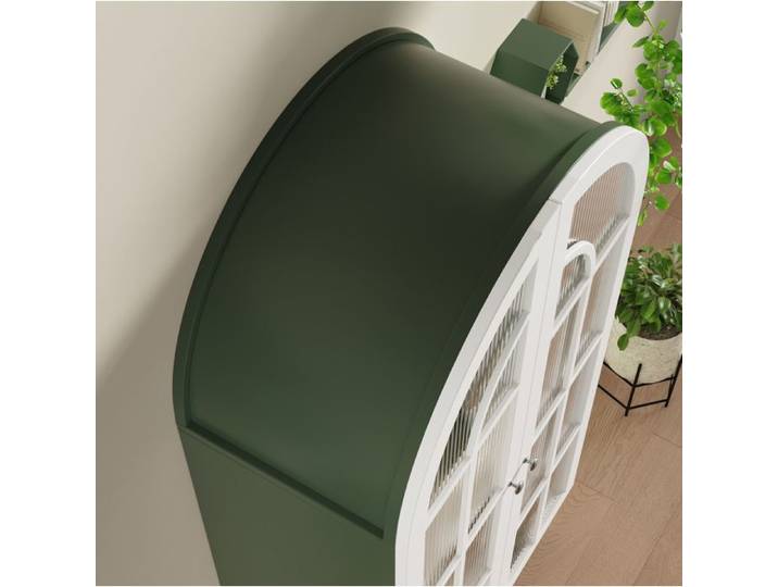 ULEVR Vitrine haute arche 165 cm 2 portes en verre rainuré 3 étagères vert foncé et blanc