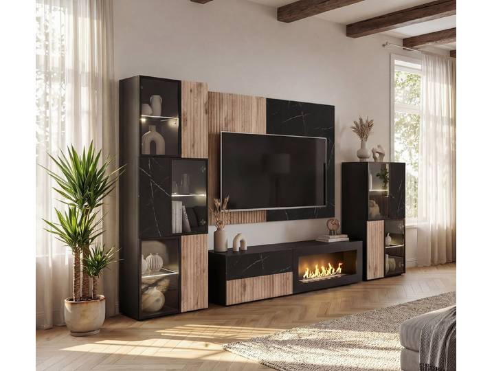 ASM-Moebel Wohnwand Wohnwand CANNES CS2 R-K mit Bio Ethanol Kamin LED und Push - Click, Mit Bio-Ethanol Kamin, Led Beleuchtung und Push - Click Sytem