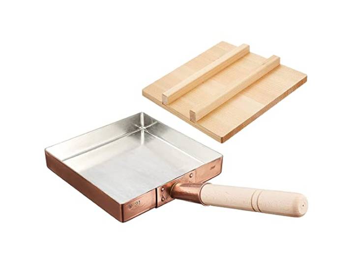 TTIKUSAN Japanische Tamagoyaki-Pfanne, Omeletts, Kupferpfanne mit Holzdeckel, hergestellt in Japan, quadratische Bratpfanne für Eier, 21 x 21 cm