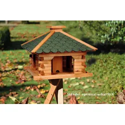 Dobar Rustikales XL-Vogelfutterhaus im Blockhaus-Stil mit grünem Bitumendach, Vogelhaus mit integriertem Futtersilo