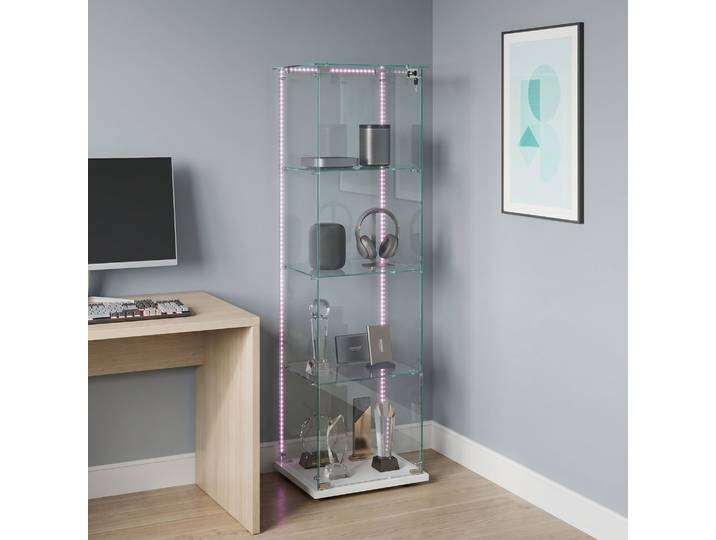 Vitrine en verre Anajqaqia avec bande LED, vitrine avec serrure, vitrine anti-poussière pour collections, vitrine en verre pour salon, chambre à coucher, blanc