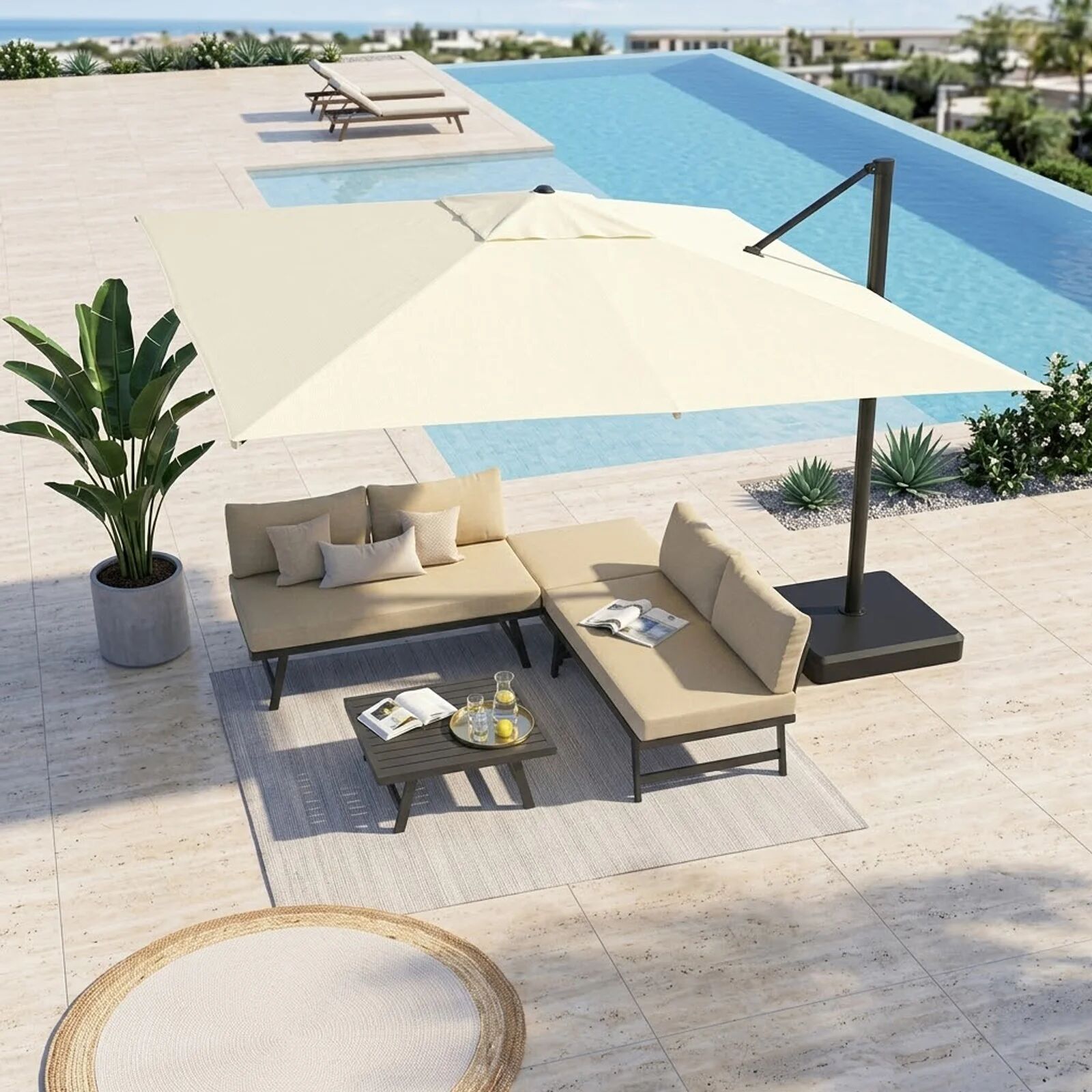 garneroarredamenti Ombrellone da giardino 4x3m con palo laterale telo ecrù struttura nera Zanzibar