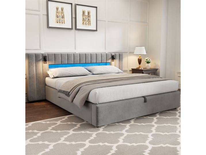 Lit capitonné - GUTENT - 180x200 cm - avec port USB - cadre avec éclairage LED - sans matelas