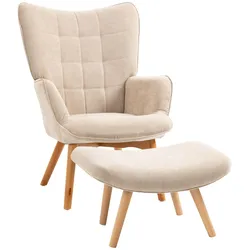 MODFU Ohrensessel mit Hocker Beige 72x80x101 cm Cord Polstersessel Relaxsessel mit Buchenholzbeinen und Stahlrahmen, weich gepolstert