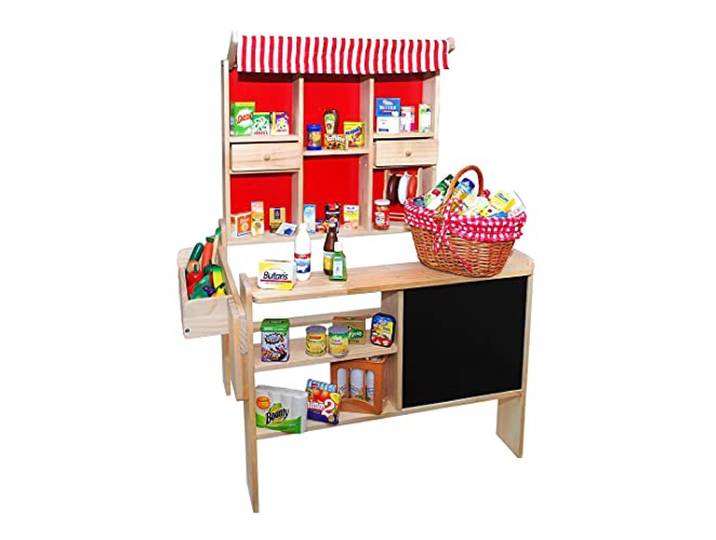 Tanner DER KLEINE Kaufmann Tanner Deco Marktstand Klassik, mit 40 Teiligem Set, Zubehör für Kaufmannsladen, lebensmittelechtes Design, 0338.3