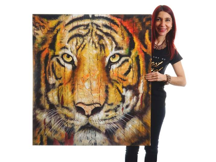 Ölgemälde Tiger, 100% handgemaltes Wandbild Gemälde XL, 100x90cm Standard