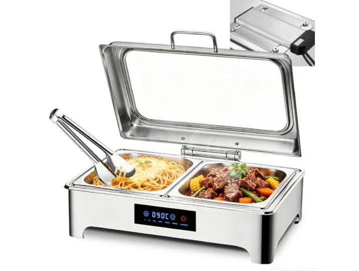 VFDZ Chafing Dish Elektrisch Gastro 9L, Digitale Temperaturregelung, 1/2 Wärmebehälter Elektrische Buffet, Buffetwärmer Speisewärmer Elektrisch mit Glasdeckel für Catering, Buffet, Party, Edelstahl