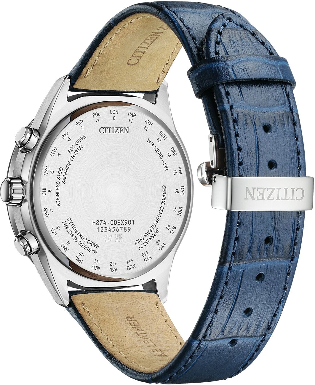 Funkuhr CITIZEN "Funkuhren Mondphase", blau (blau, silberfarben), Armbanduhren, Herren, Funkuhr, Quarzuhr, Armbanduhr, Herrenuhr, Lederarmband, analog, Big Date, Tag