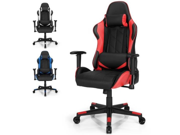 GOPLUS Chaise Gaming avec Dossier/Siège/Accoudoirs Réglables Chaise avec Appui-tête et Oreiller Lombaire pour Bureau Salon Rouge