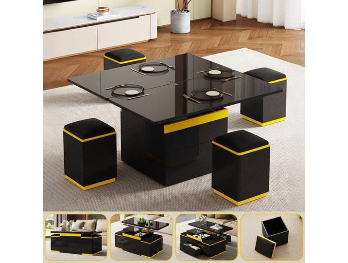 Table Basse Relevable Extensible avec Pouf Encastrable Table de Salon Noir Laque Brillant Moderne 4 en 1 avec Tiroir et Rangement