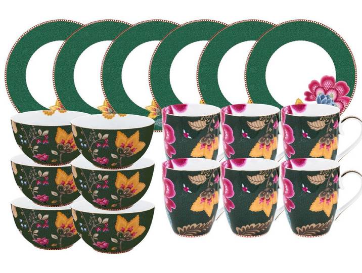PiP Studio Geschirr-Set Fantasy Green Frühstücks Set Henkelbecher 18tlg, Porzellan