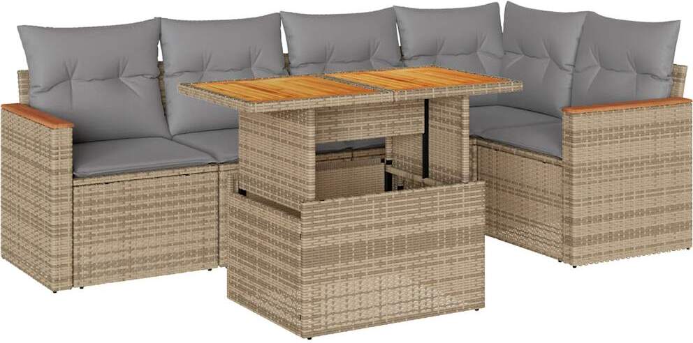 Modulares Garten-Sofaset, 6-teilig, mit Stauraum, wasserfesten Beuteln, Kissen, Poly Rattan, Akazienholz, Beige, Hellgrau