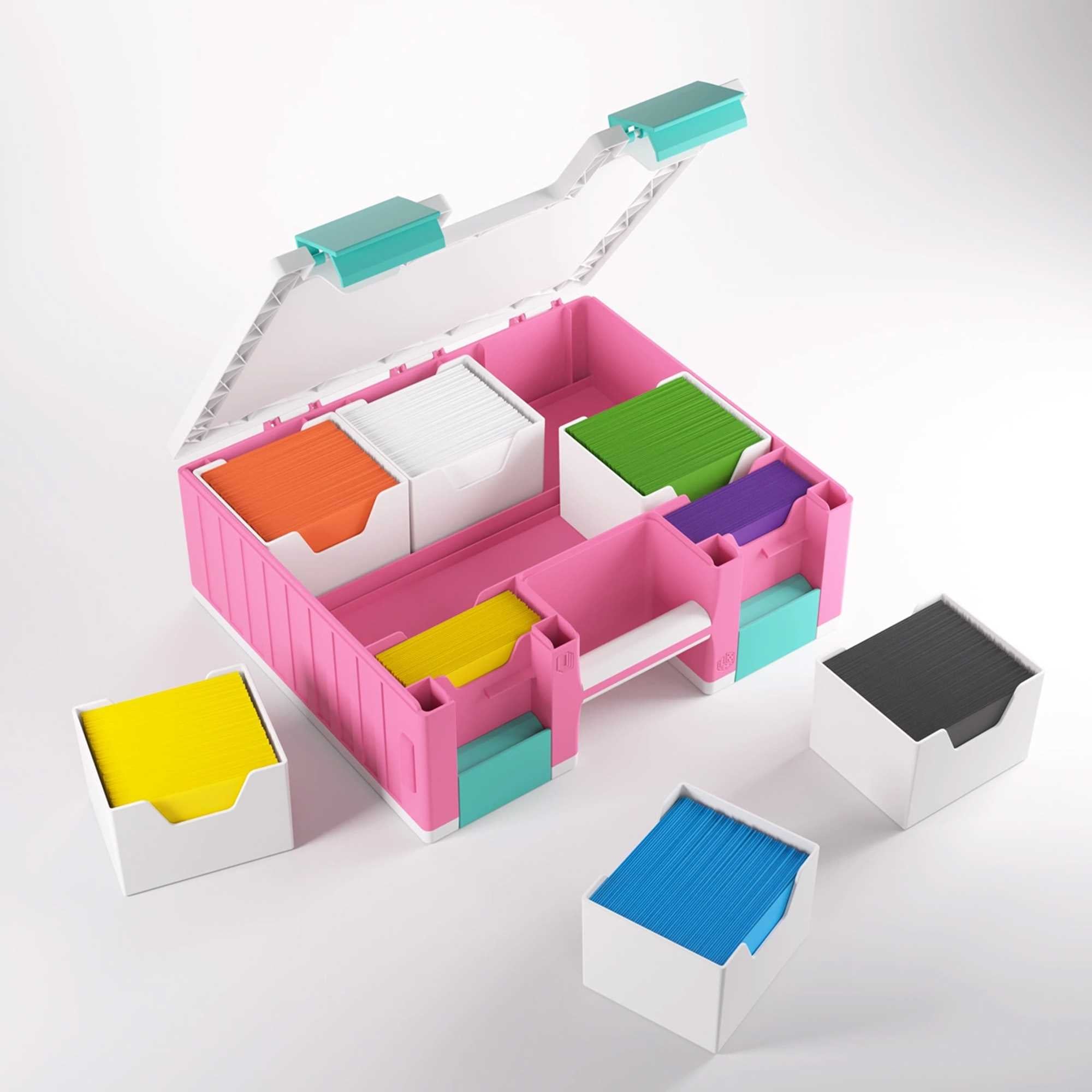 Gamegenic Game Castle Pink/White/Teal - Card Game Organizer for Up to 600 Double-Sleeved Cards, 19 Removable Trays, Ages 6+, Card Game Accessories