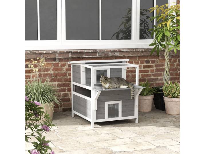 PawHut Maison Chats 2 Niveaux avec Balcon Extérieur Gris Clair