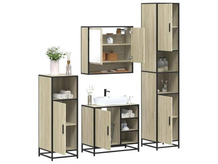 WEMYUFURN 4-TLG. Badmöbel-Set Sonoma-Eiche Holzwerkstoff mit Metallgestell Waschbeckenunterschrank, Spiegelschrank, Lowboard, feuchtigkeitsbeständig, Metallgestell, Wandmontage