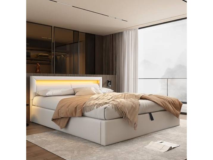 Merax LED Polsterbett 140x200 cm mit Lattenrost und Stauraum – Bett mit beleuchtetem Kopfteil in Weiß, Kunstleder, Jugendbett mit Bettkasten ohne Matratze