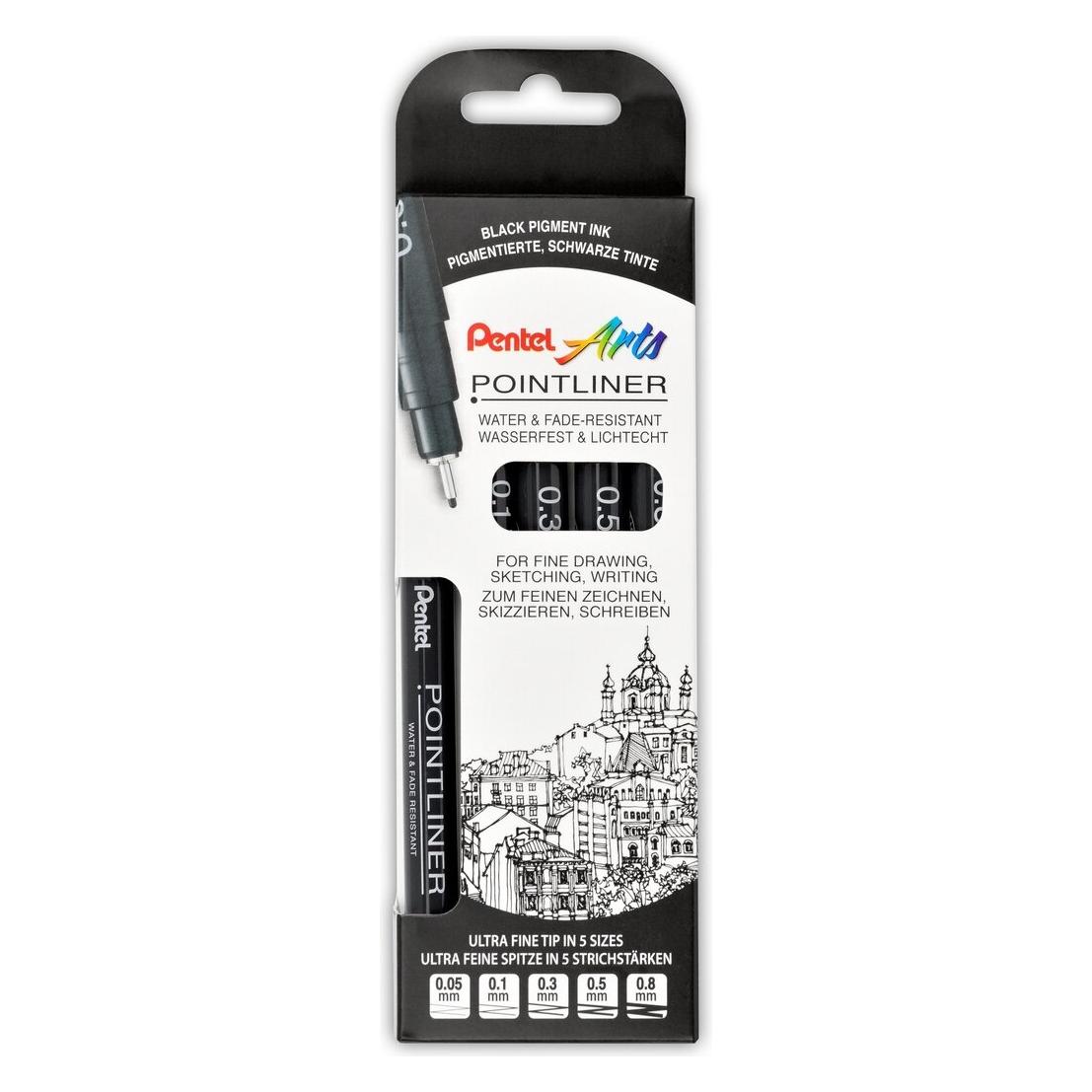 Pentel PentelArts Permanent Fineliner Pointliner, schwarz, 5er Set (5x) (S20P-5)
