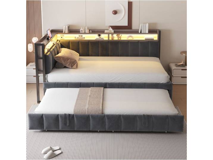 ROVRYN Lit banquette gigogne 90 x 200 cm LED USB Type-C rangement velours gris foncé