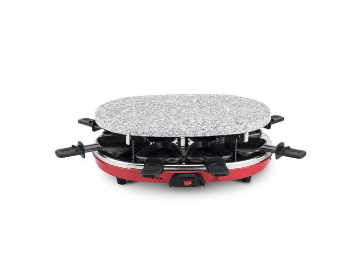 HKoenig Raclette-Gerät Rp412, Rot und Grau, 4 in 1 Raclette für 8 Personen, Grau, Dunkelrot, Stein, 25.8x12x35.7 cm, Kochgeschirr, Tischgrills & Fondues, Raclette-Grills