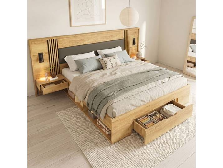 Lit double - Lit double adulte 160x200 - Coffre 5 rangements - Chevets intégrés - Lampe lecture 360°