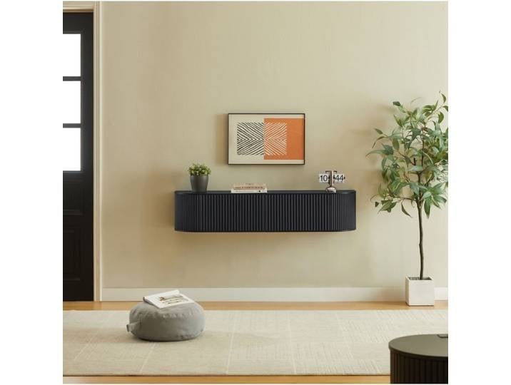 Meuble TV - SENVIRO - mural suspendu 140 x 32 x 30 cm noir rangement passe-câbles portes