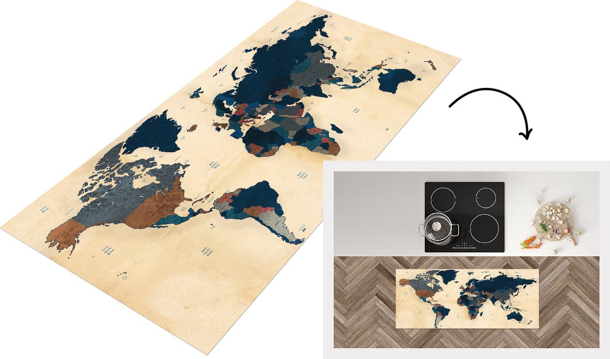 Keukenloper Wereldkaart Vintage Papyrus Vinyl - Breedte: 50 cm, Lengte: 120 cm