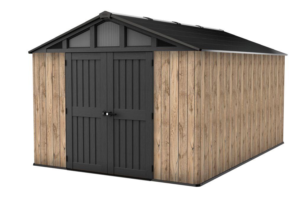 Keter Summit Gartenhaus 10×15 - Stahlverstärkt - DecoCoat Pinienholzoptik - 305×453×251 cm - Extra breite Türen, Fenster & Bodenplatte