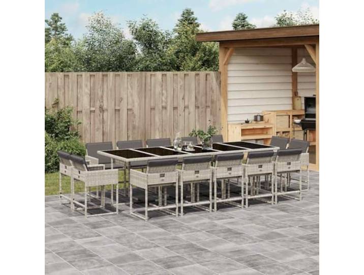 KTHLBRH Gartenmöbel-Set, 15-teilig, mit Kissen, grau Strapazierfähiges Polyrattan, Glastisch, Klappstühle, für den Außenbereich