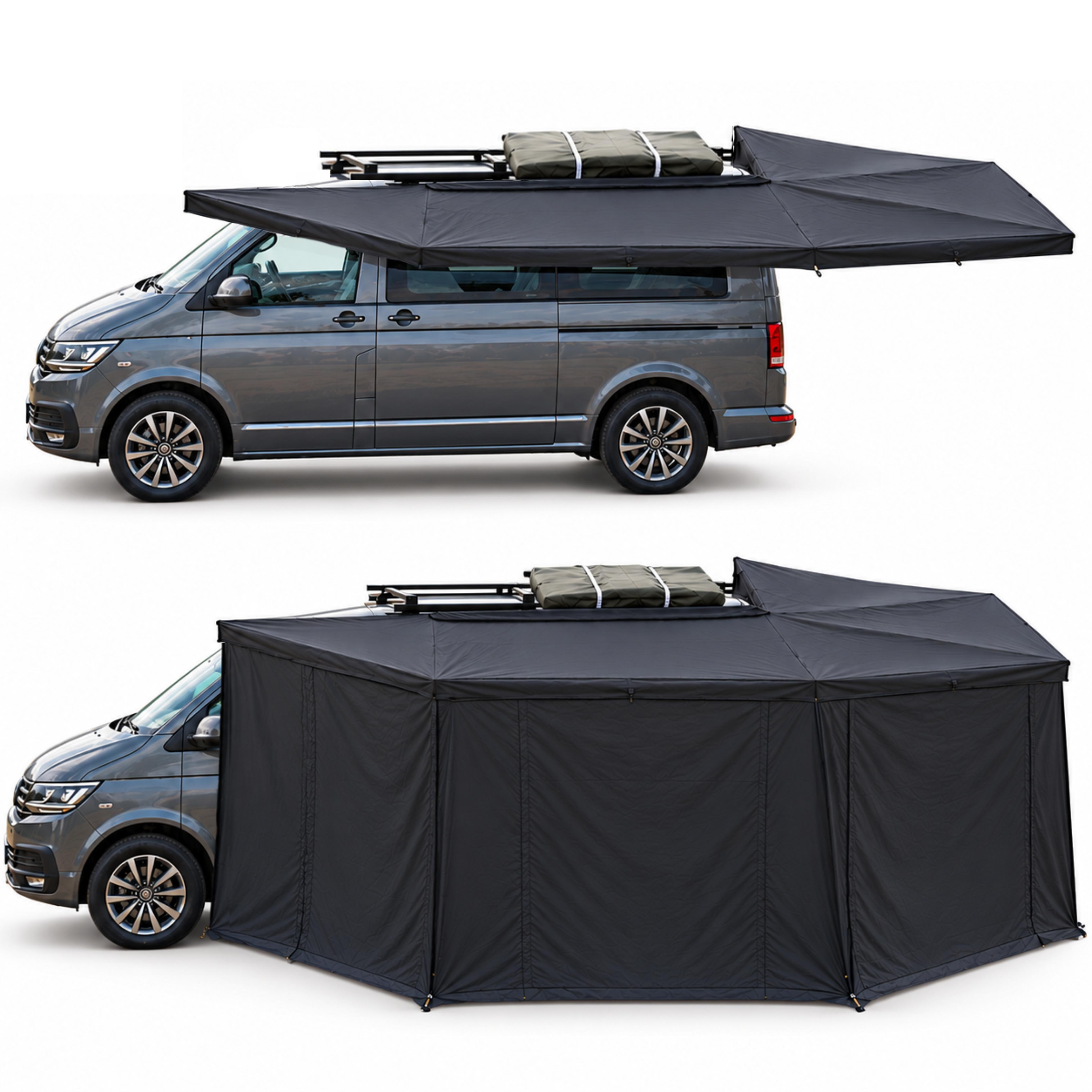 270° Plus Automarkise/Zelt mit Vorzelt 200cm für die Beifahrerseite Schwarz Dachzelt Markise 385x201cm ausgeklappt