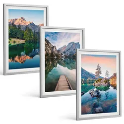 BILDER SET 3er Set - 40x60 cm Silberner Rahmen - Spiegelung des Waldes in Bergseen