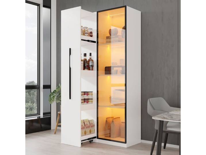 Vitrine bibliothèque meuble multifonction 70x40x160 cm avec LED porte en verre roulettes MDF blanc TYNQER