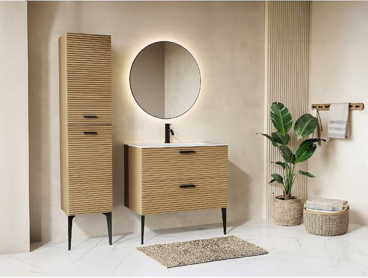 Badezimmermöbel geriffelt auf Füßen mit Einbauwaschbecken und Hochschrank - 2 Schubladen - Natur hell - 80 cm - SARONE