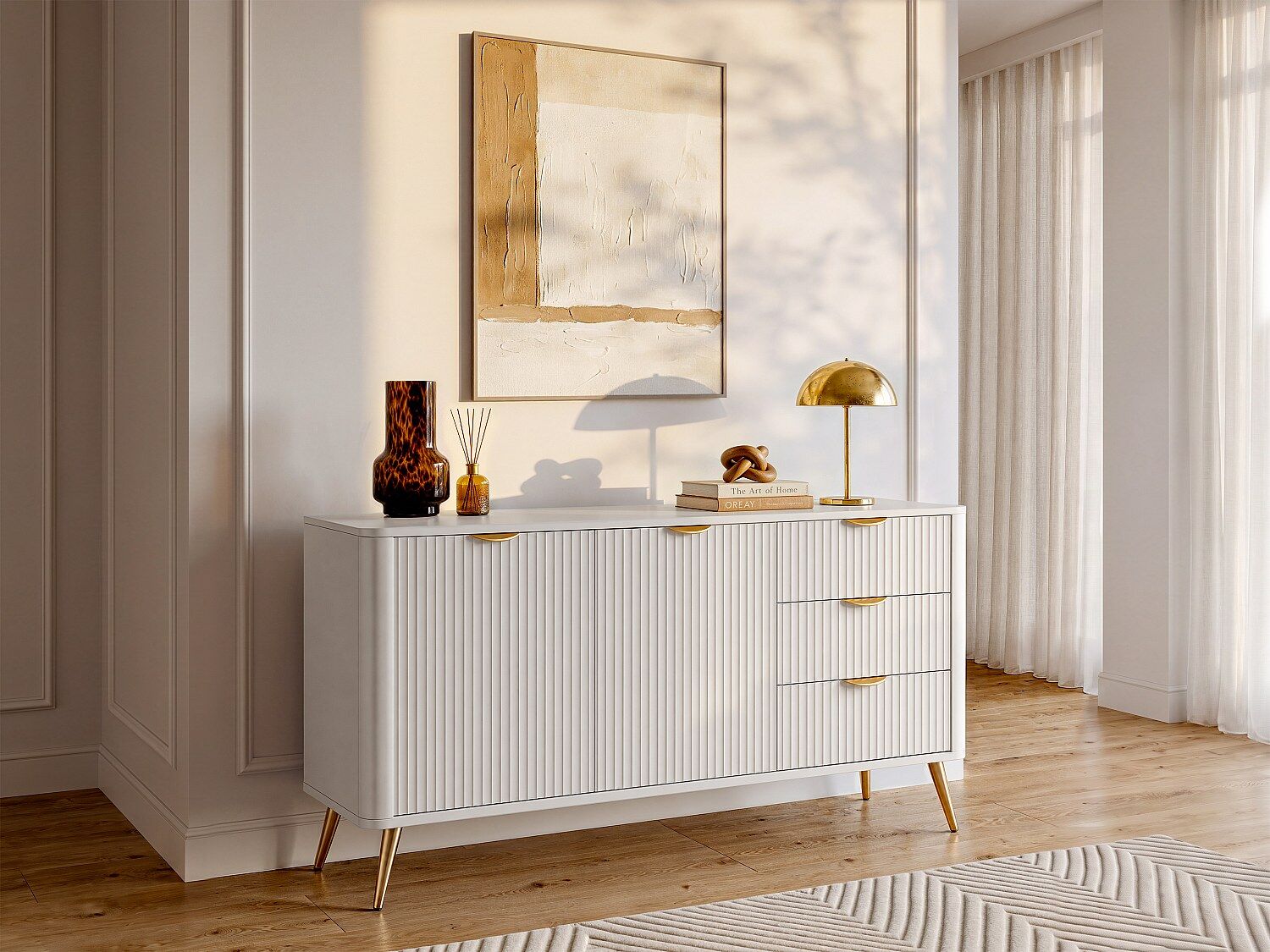 Vente-unique Buffetkast met 2 deuren en 3 lades van MDF - Beige en goudkleurig - ELONARIA