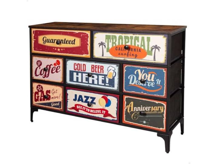 AKTIVE Max Home Mehrzweck-Schlafzimmerkommode, Retro- und Vintage-Grafiken, 8 leichte Stoffschubladen, 103 x 30 x 77 cm, Stahlrahmen, Holzplatte, Nachttische, Wohnzimmermöbel (18403)