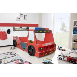 Autobett Kinder 90x200 cm Feuerwehrbett "Rio Firetruck" mit LED-Licht und Sirenenoptik