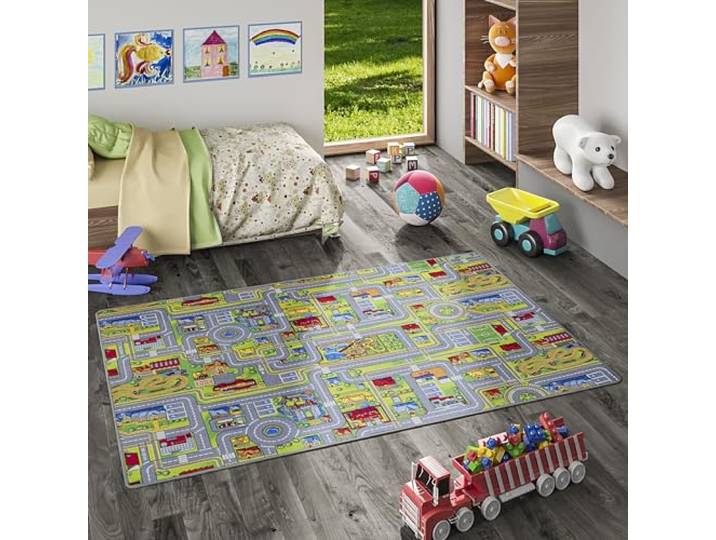 Snapstyle Abenteuerland Bunt Kinder Straßenteppich Spielteppich – Teppich Kinderzimmer Straßen Design, pflegeleicht
