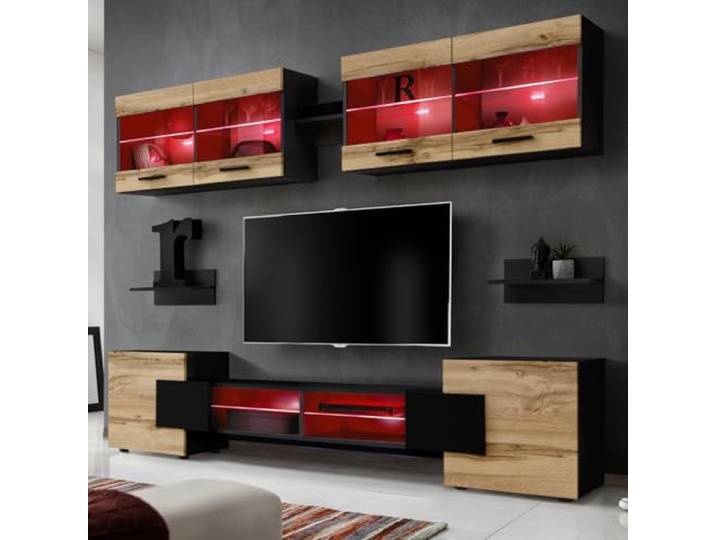 Komodee Wohnwand TV Foggia A2 Wotan/Schwarz 230x195x35 cm Wohnwand RTV Foggia, Front in Wotan Karkasse in Schwarz Matt, Breite 230cm x Höhe 195cm x Tiefe 35cm, LED RGB